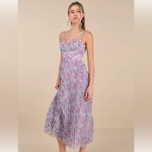 Lulus Alluring Invite Purple Multi Floral Pleated Bustier Midi Dress size small
